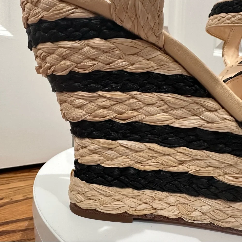 Alice + Olivia Rafia Woven 1” Platform Black Tan Straw Summer Wedge Sandal Size9